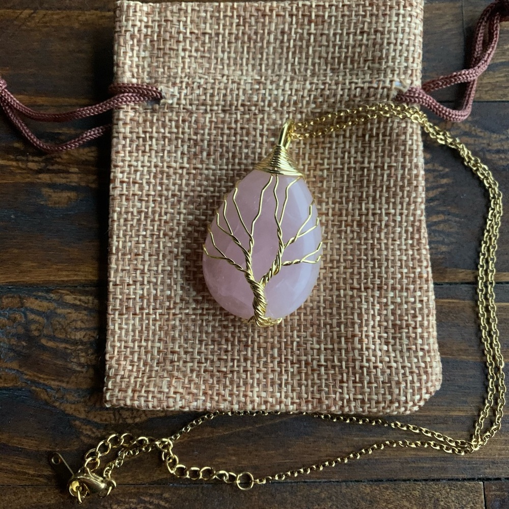 Brand New Wire-Wrapped Rose Quartz Drop Pendant with Gold plated Chain - Picture 1 of 2